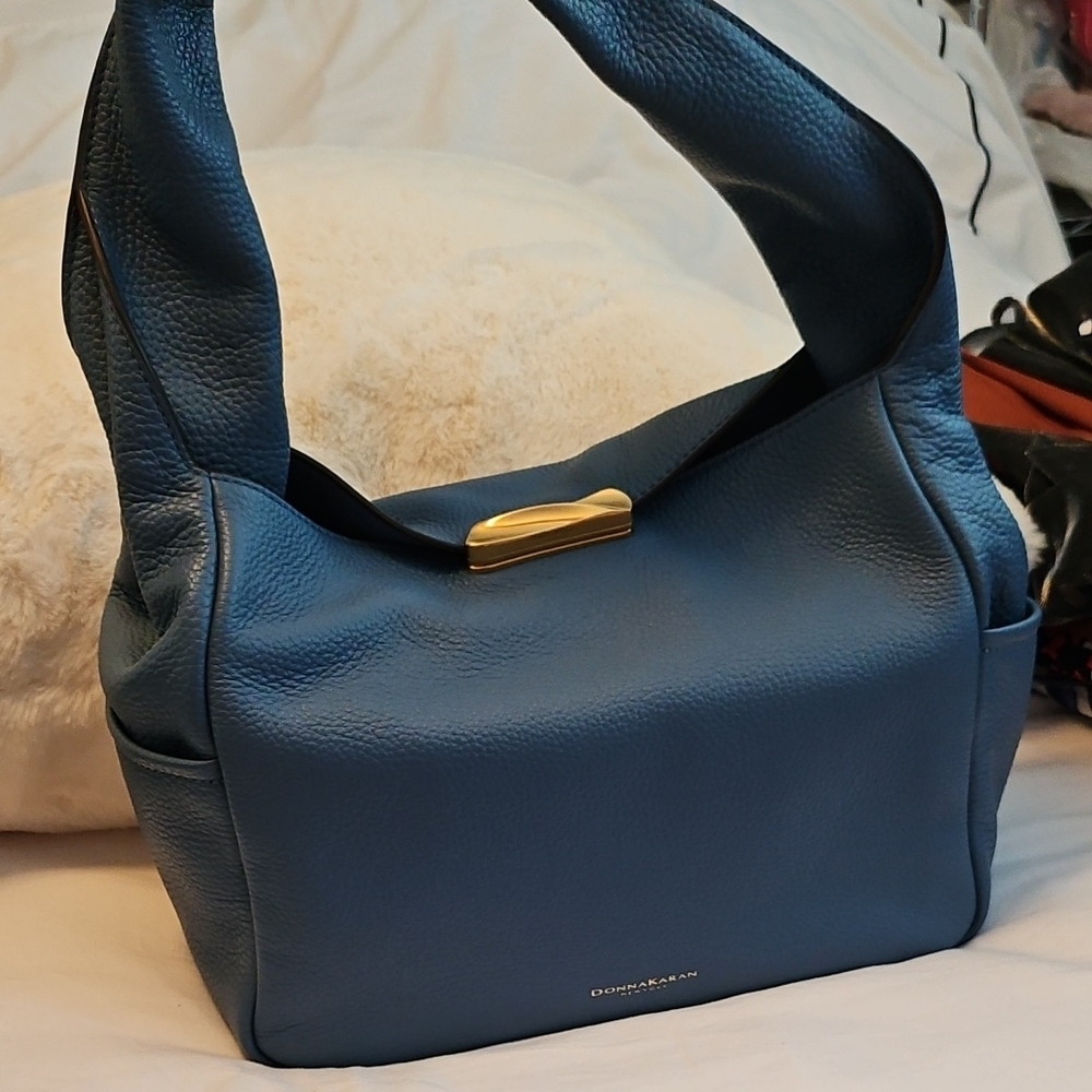 Donna Karan Amagan Genuine Leather Blue Gold Motif Excellent